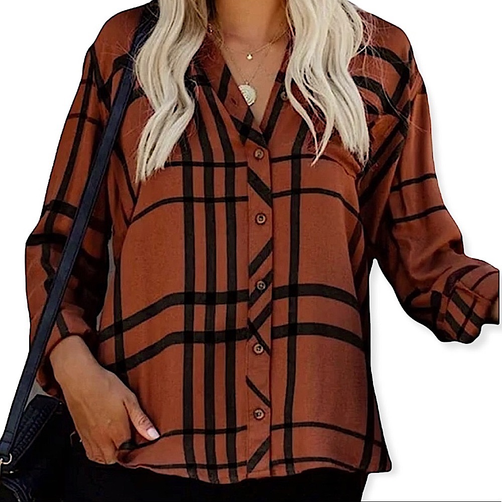 🆕 ZC&GF  | BROWN & BLACK PLAID STRIPED BUTTON DOWN BLOUSE
